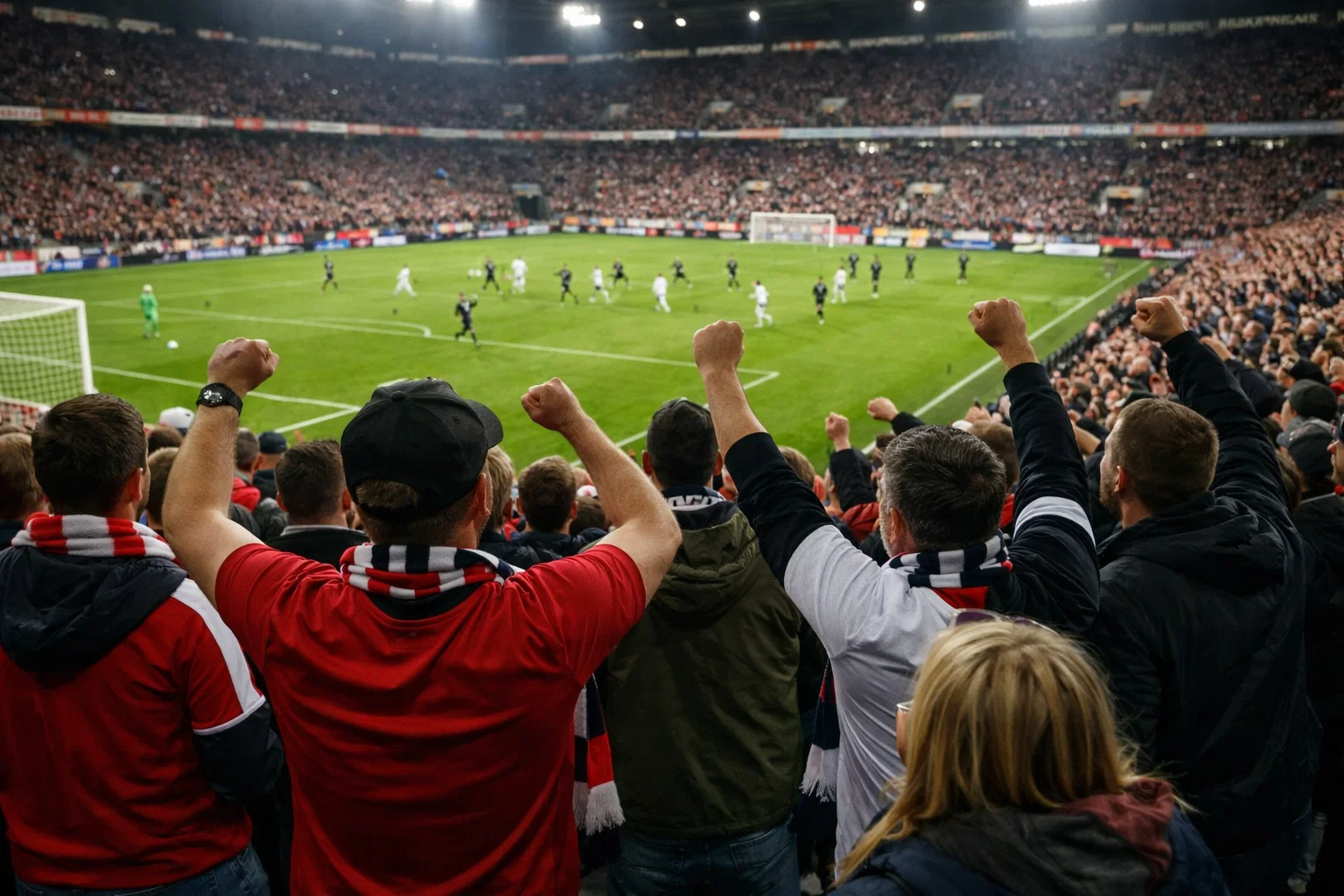 Bundesliga Ergebnisse – Fans feiern auf der Stehplatztribüne eines vollen Stadions