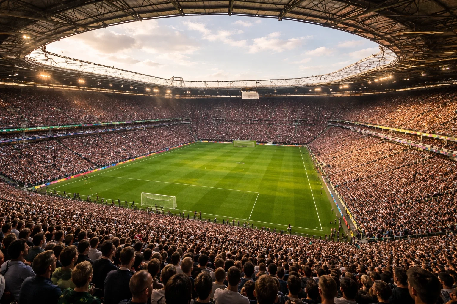 Panorama eines ausverkauften Bundesliga-Stadions mit Stehplatz-Fanblock