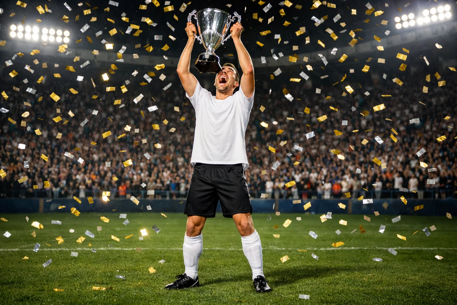 Fußballspieler hebt den DFB-Pokal im Berliner Olympiastadion