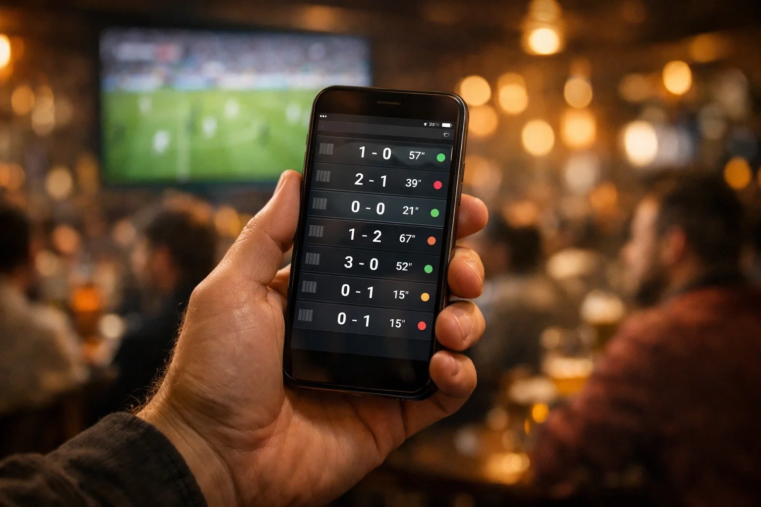 Smartphone mit Flashscore-Live-Ergebnissen in der Hand eines Fußballfans