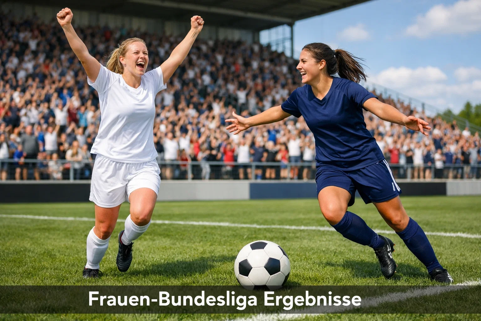Frauen-Bundesliga Ergebnisse – Spielerinnen beim Torjubel vor vollen Zuschauerrängen