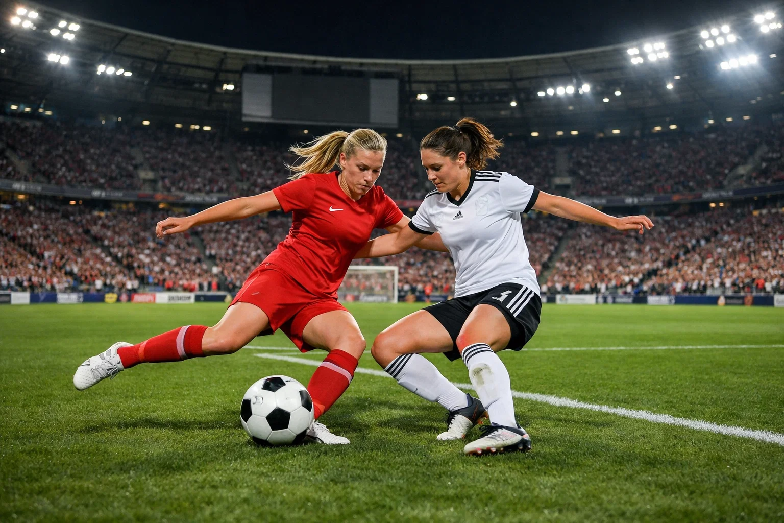 Frauen-Bundesliga – Spielerinnen auf dem Rasen vor einer vollen Tribüne