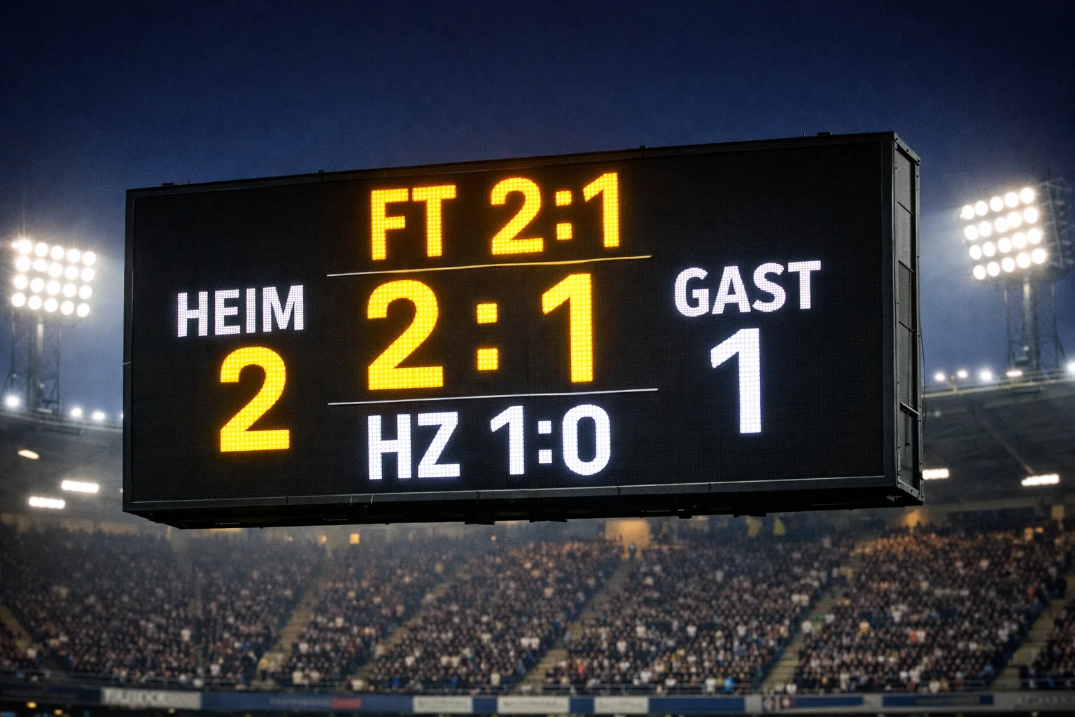 Anzeigetafel im Fußballstadion mit Spielstand und Abkürzungen