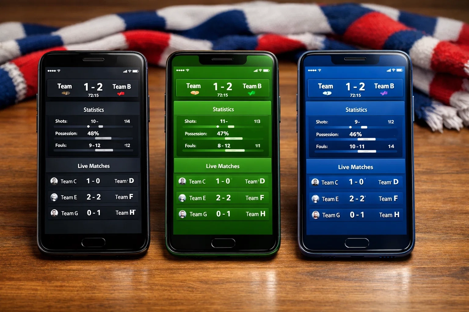 Mehrere Smartphones nebeneinander mit verschiedenen Fußball-Ergebnis-Apps