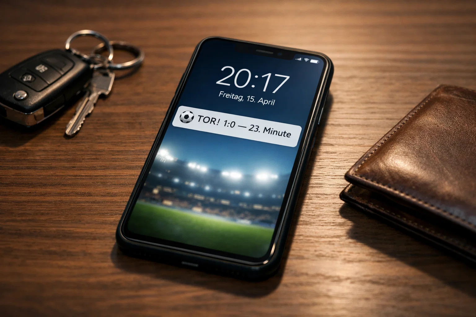 Smartphone-Sperrbildschirm mit Tor-Alarm-Benachrichtigung eines Fußballspiels