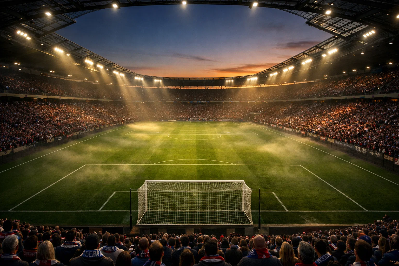 Fußball Ergebnis – Blick über ein volles Bundesliga-Stadion bei Flutlicht