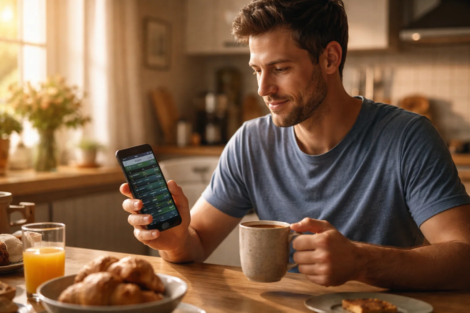 Fan liest am Morgen Fußball-Ergebnisse von gestern auf dem Smartphone