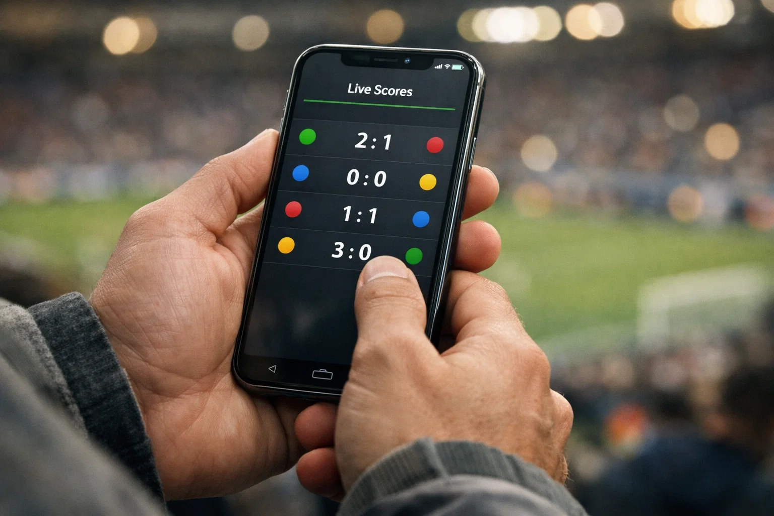 Fußball Ergebnisse live – Person verfolgt Live-Ticker auf dem Smartphone im Stadion