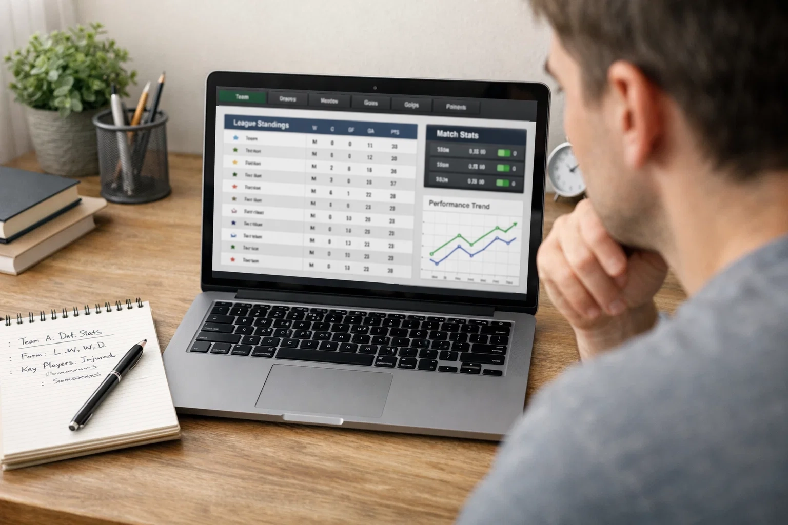 Person analysiert Fußball-Statistiken und Quoten auf einem Laptop