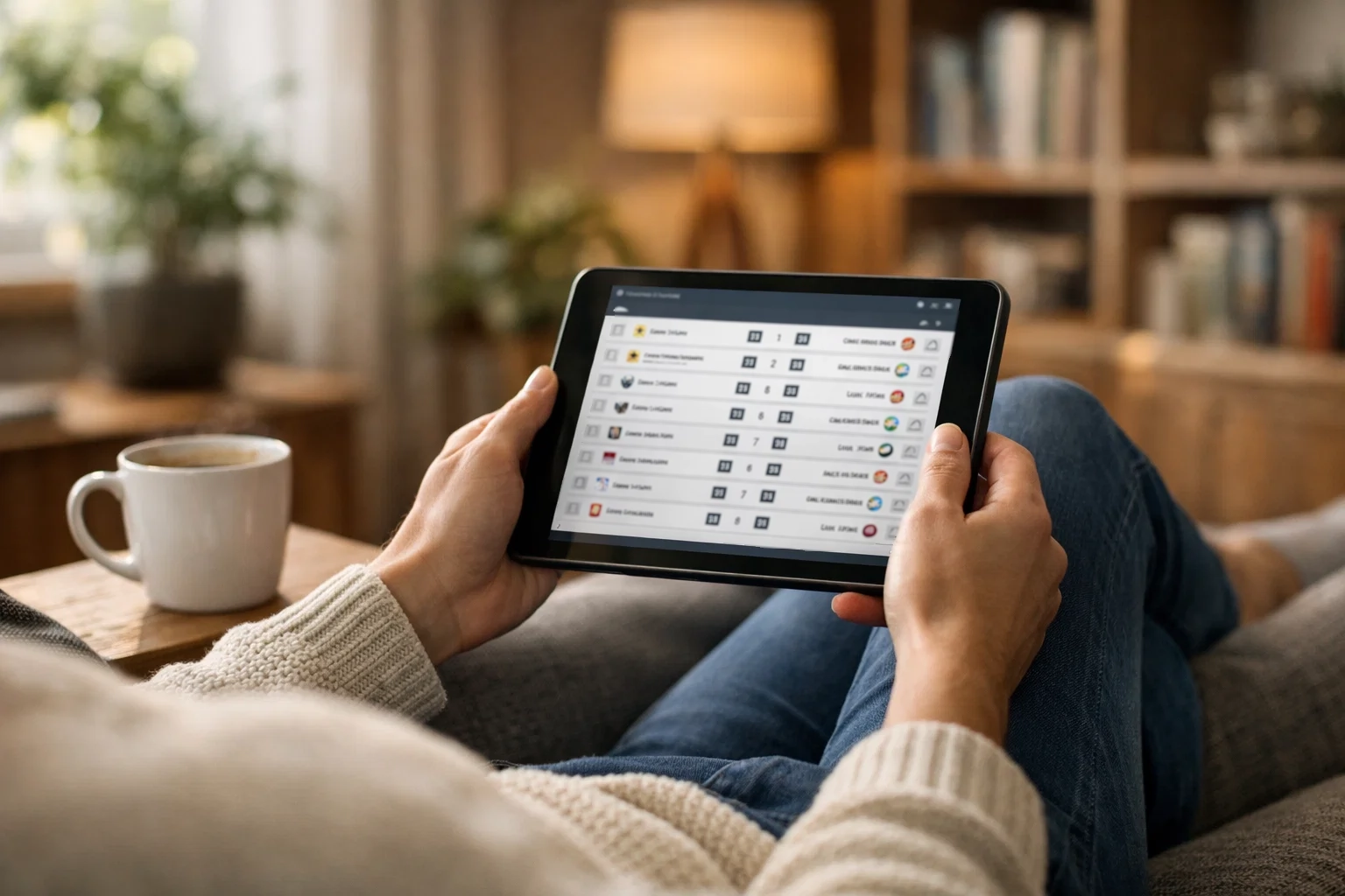 Fan blättert am Montag durch Fußball-Ergebnisse des Wochenendes auf dem Tablet