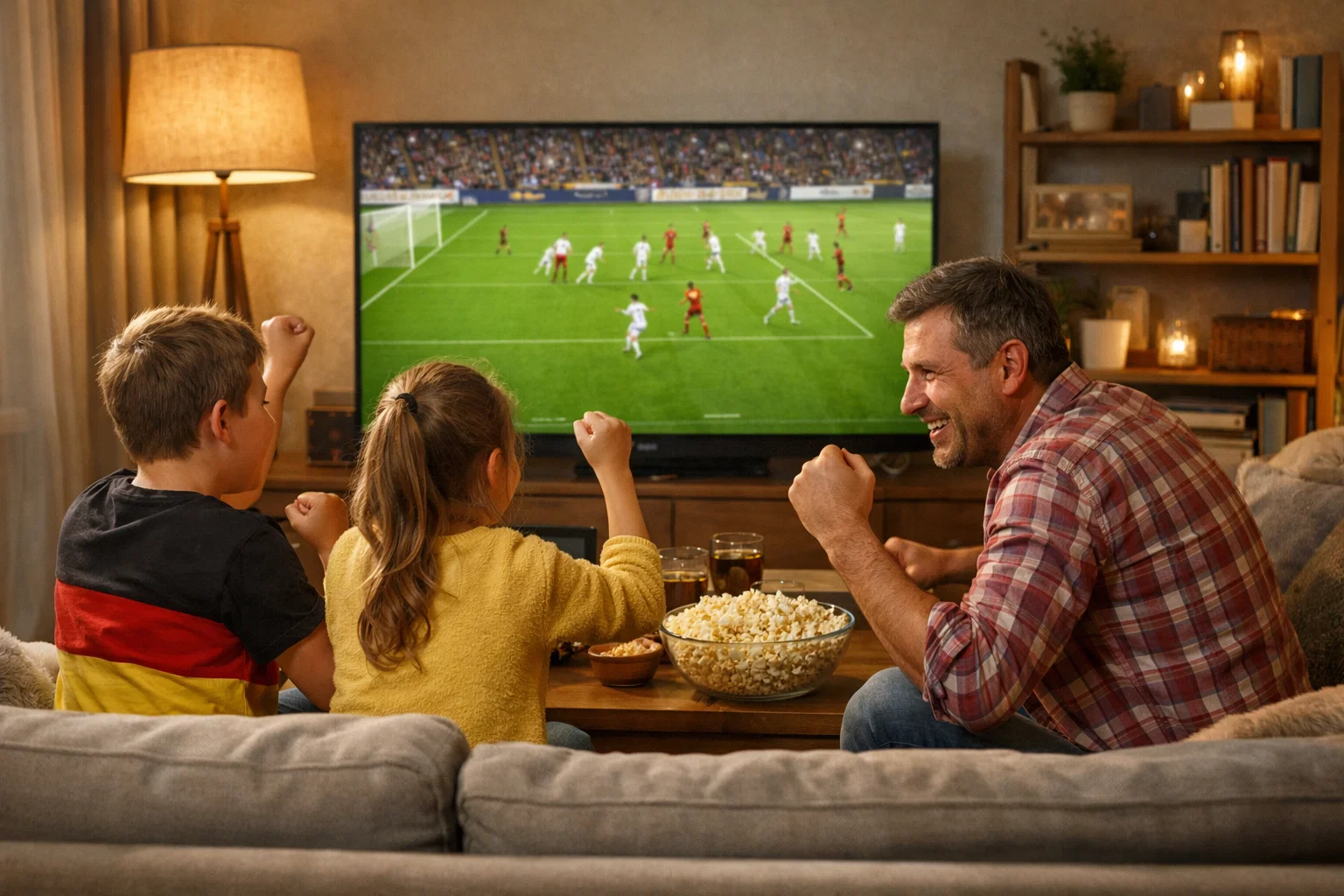 Familie schaut gemeinsam ein Fußballspiel im Free-TV auf dem Sofa