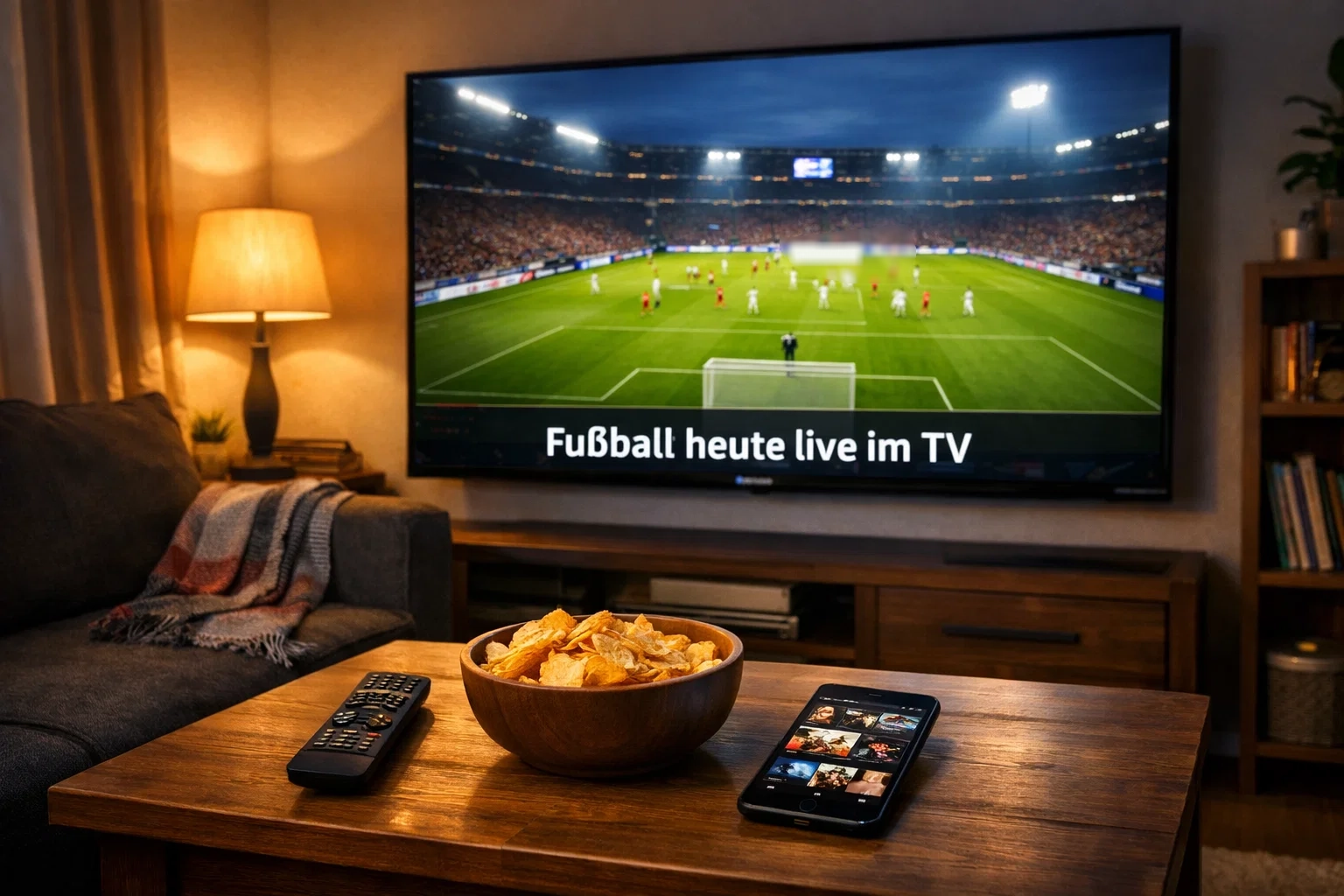 Fußball heute live im TV – Wohnzimmer mit Fernseher zeigt ein Bundesliga-Spiel
