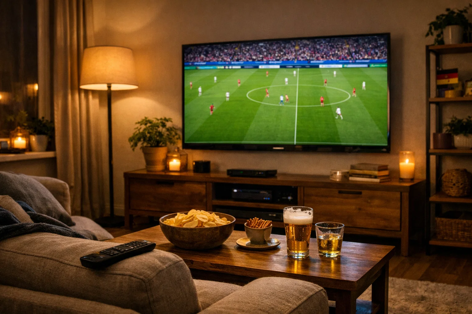 Fußball heute im TV – Fernseher zeigt Fußball-Übertragung in einem Wohnzimmer