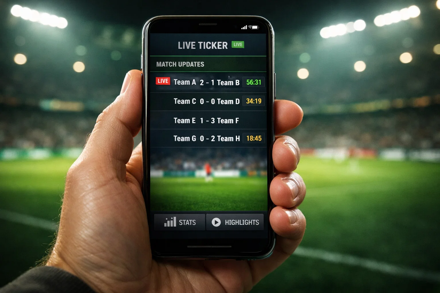 Smartphone-Bildschirm mit Fußball-Live-Ticker und Echtzeit-Ergebnissen