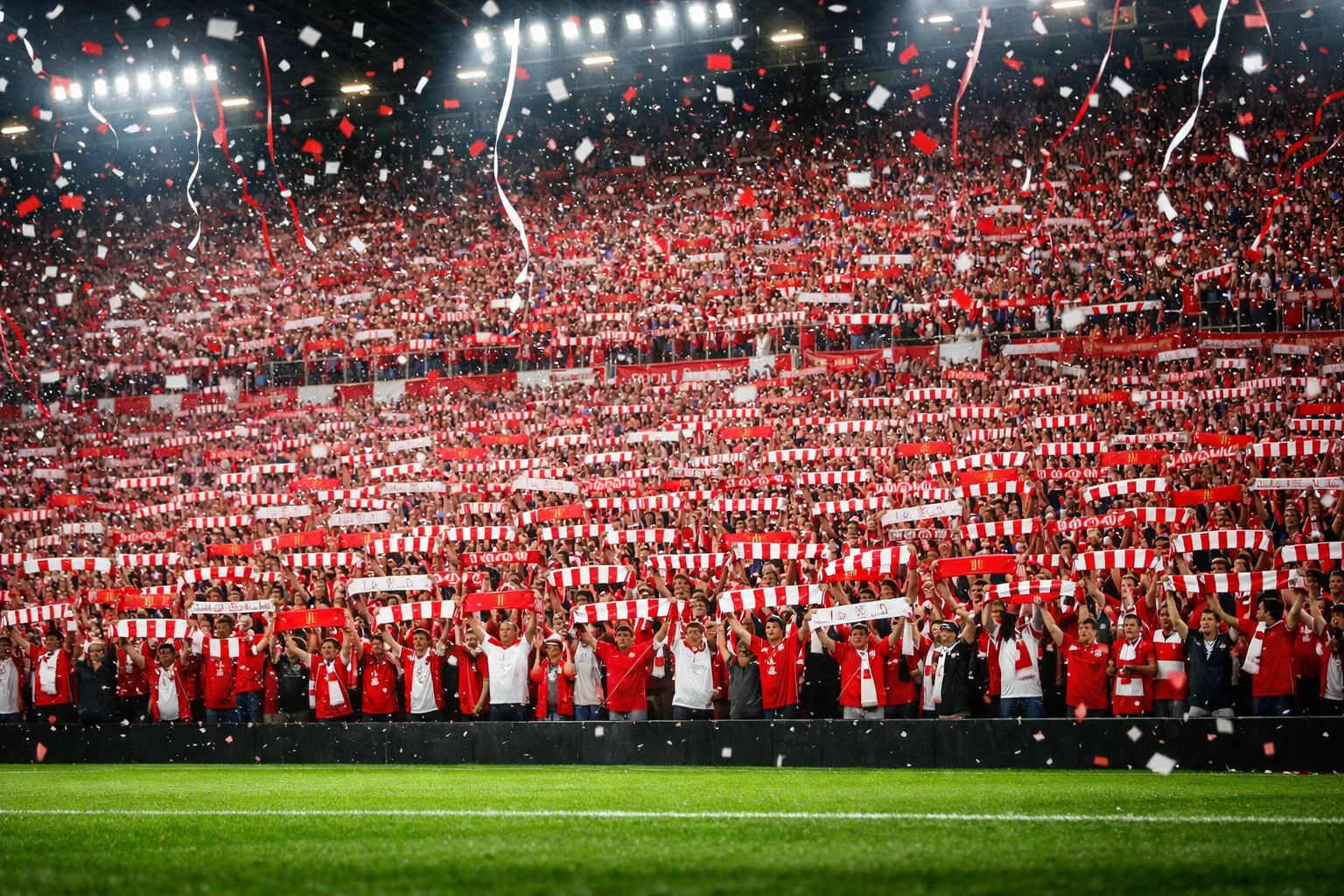 Volle Heimtribüne mit Fans in einheitlichen Farben bei einem Bundesliga-Heimspiel