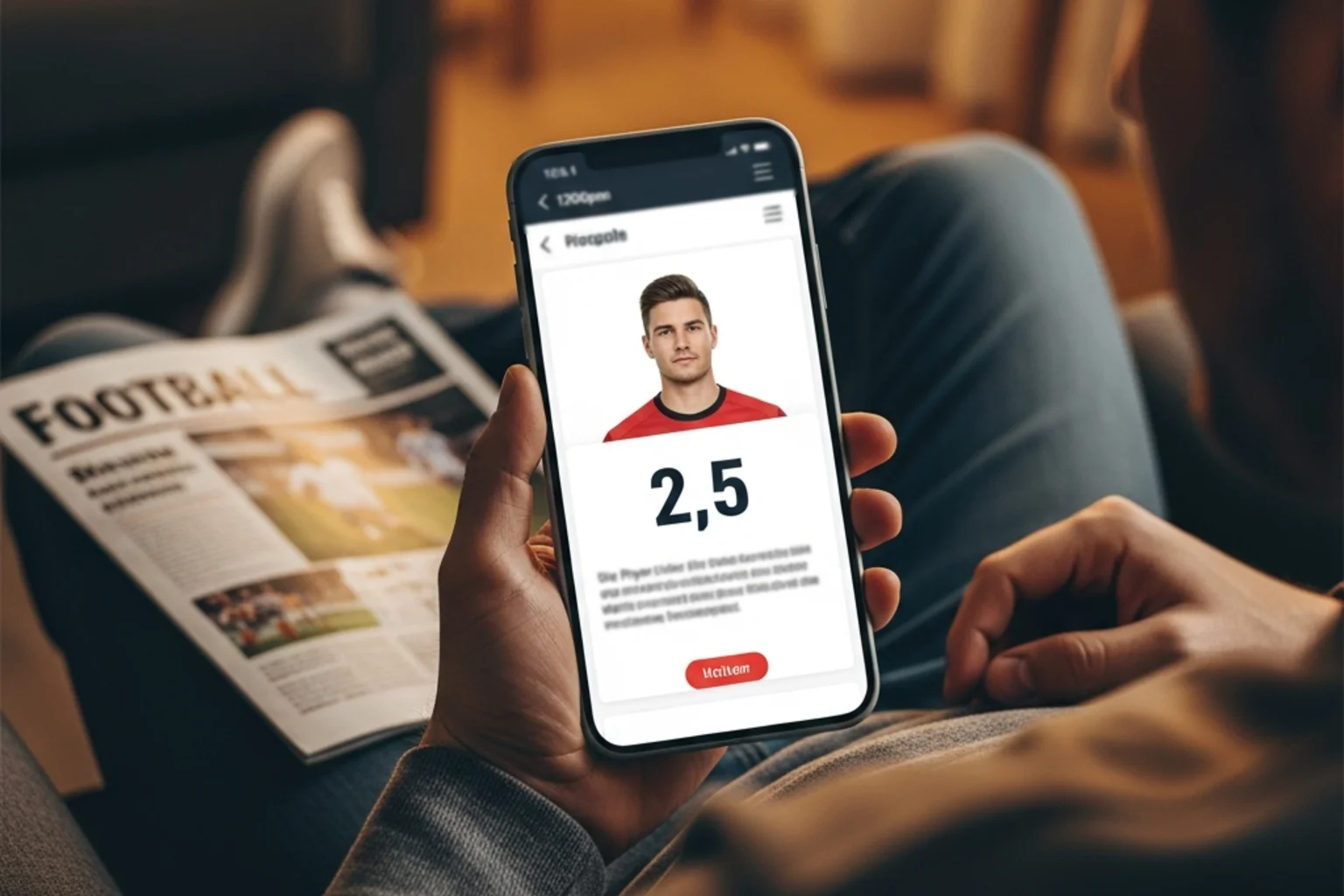 Fan liest Spielernoten und Analysen in der Kicker-App auf dem Smartphone
