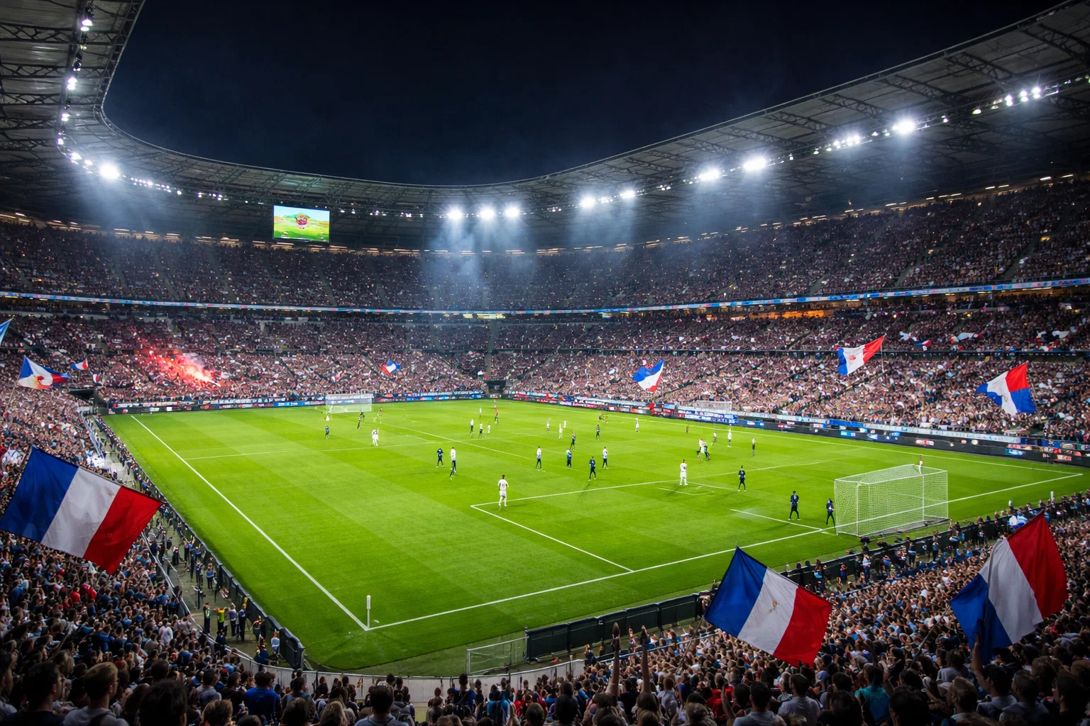 Fußballszene in einem französischen Ligue-1-Stadion bei Flutlicht