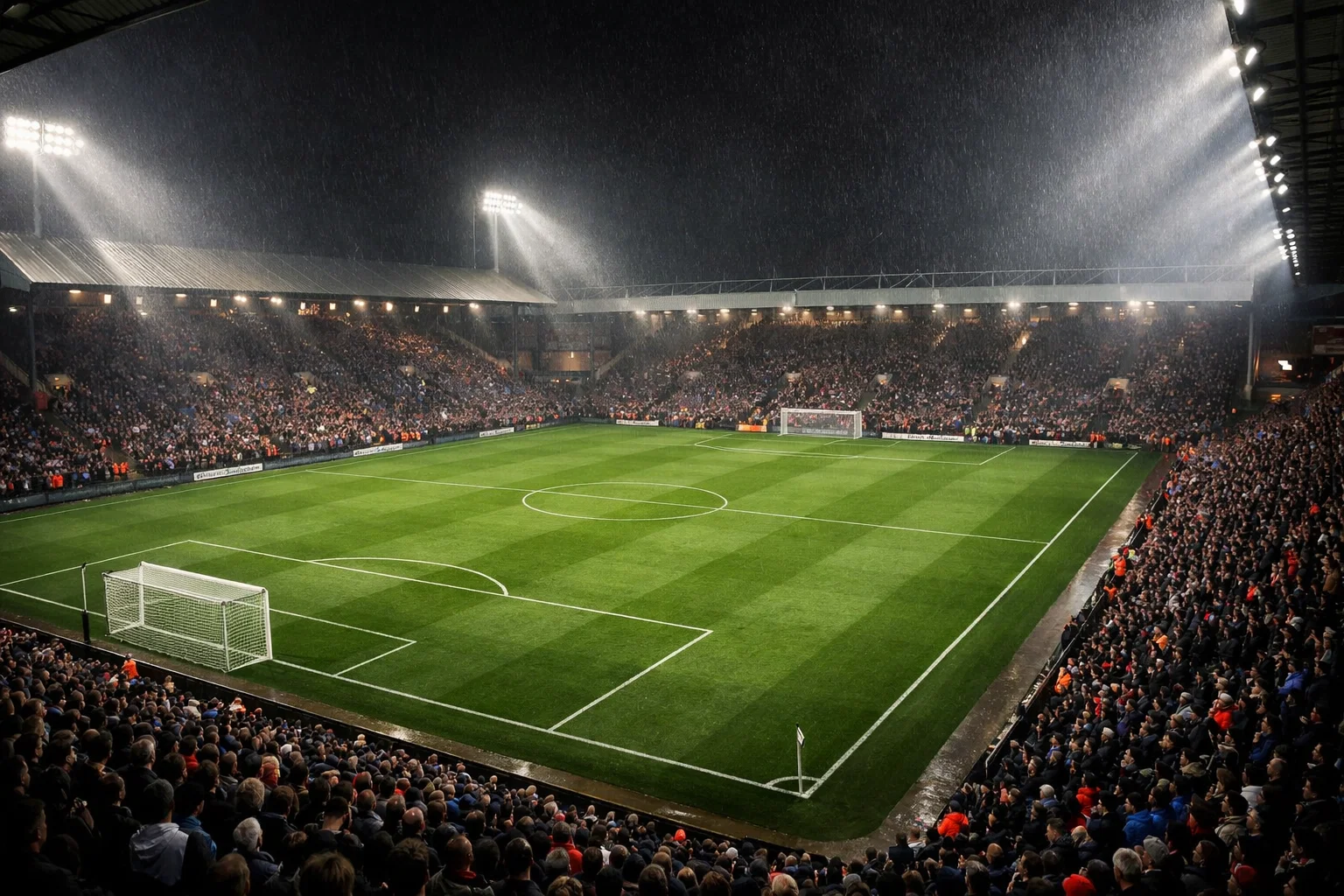 Fußballszene in einem englischen Premier-League-Stadion bei Flutlicht