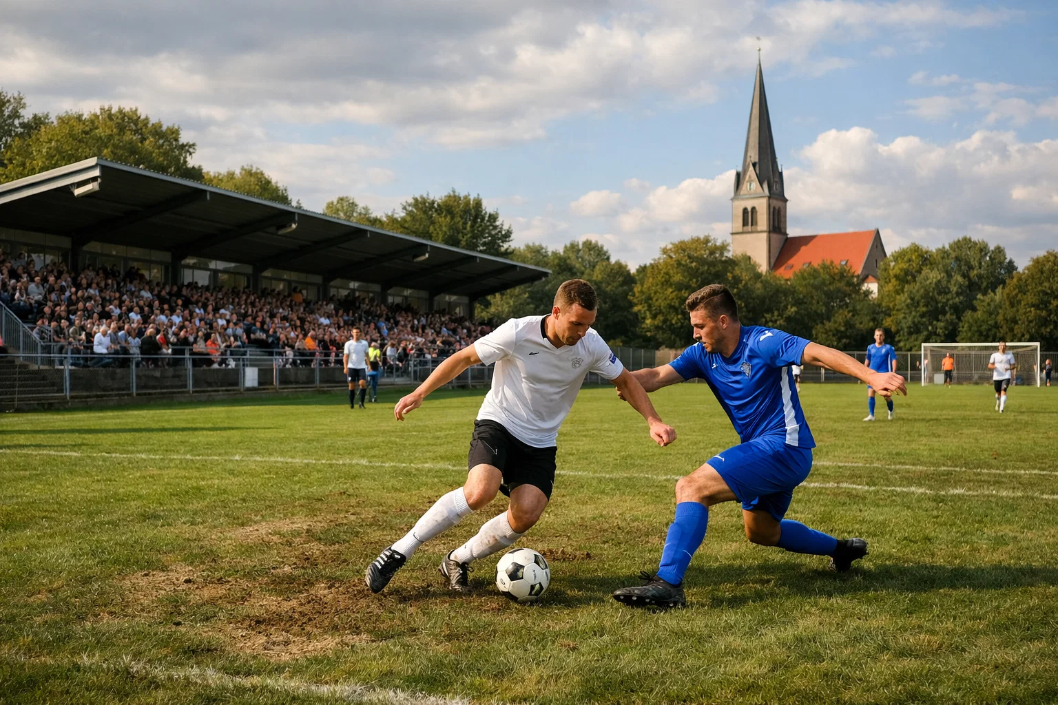 Amateurfußball-Szene auf einem Regionalliga-Sportplatz mit Zuschauern am Spielfeldrand