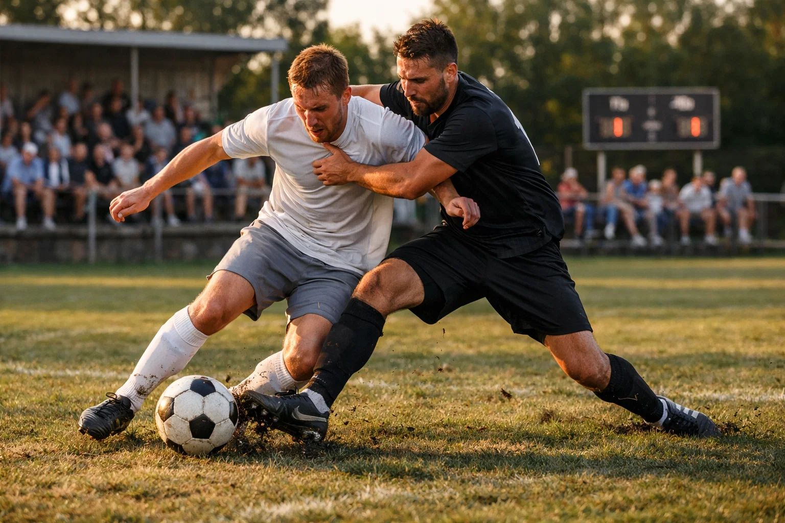 Fußballspieler im Zweikampf auf einem Naturrasen bei einem Oberliga-Spiel