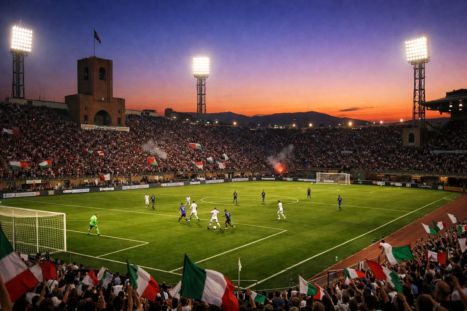 Italienisches Fußballstadion während eines Serie-A-Spiels bei Abenddämmerung