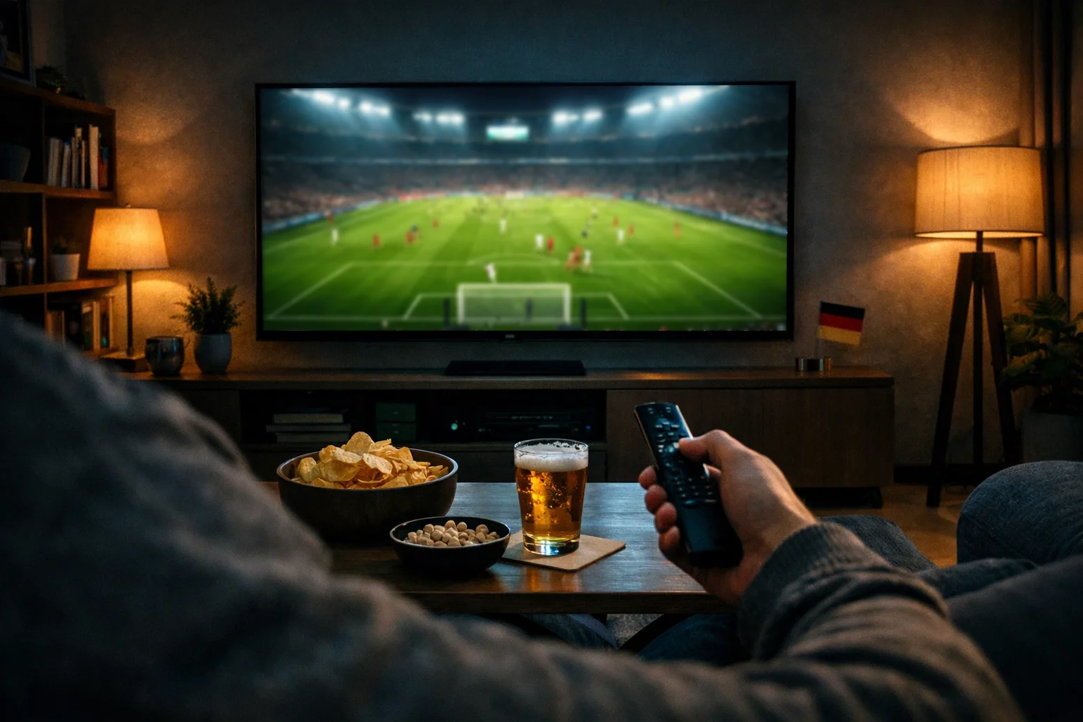 Wohnzimmer mit Fernseher auf dem ein Fußballspiel läuft und Streaming-Fernbedienung