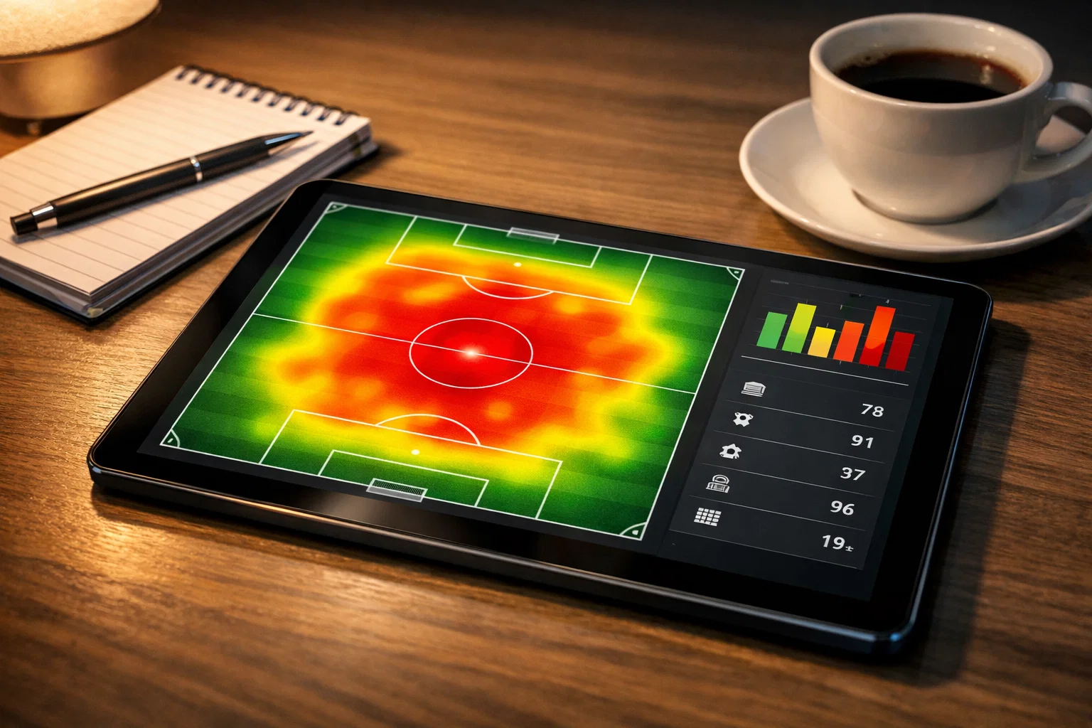 Nahaufnahme eines Tablets mit Fußball-Spielfeldgrafik und Statistikdaten