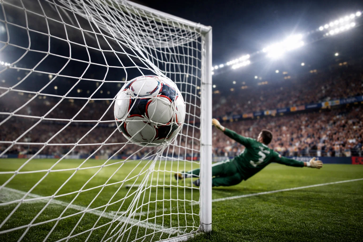 Fußball fliegt ins Tornetz in einem Bundesliga-Stadion bei Flutlicht