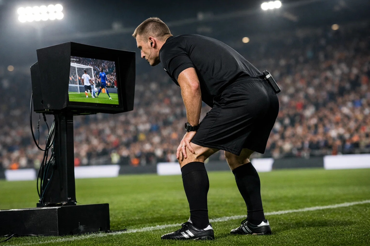 Schiedsrichter schaut auf den Monitor am Spielfeldrand beim VAR-Review