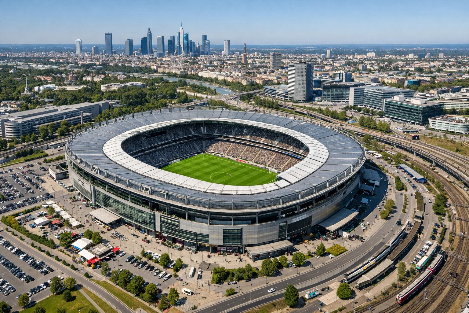 Luftaufnahme eines Bundesliga-Stadions eingebettet in die Stadtlandschaft